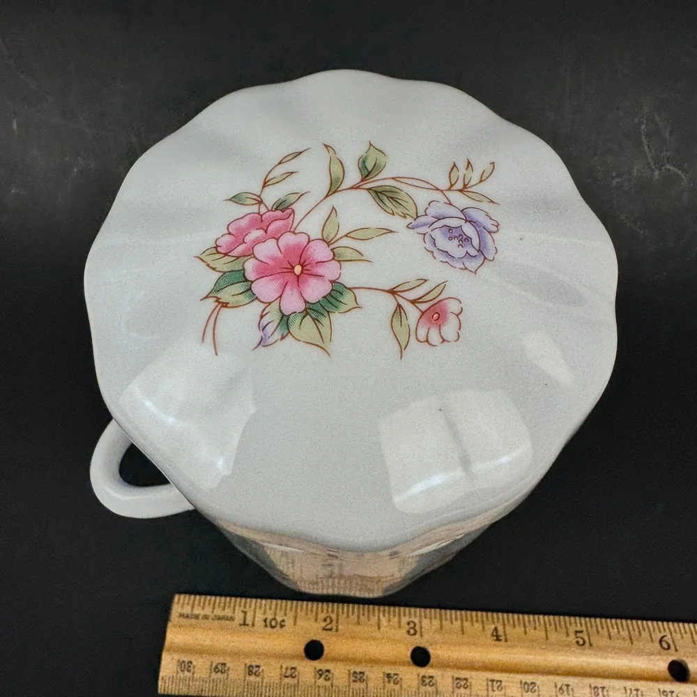 1Vtg 80s FTDA White Ceramic Floral Canister Jar w Lid Spoon Holder Tabletop READ
